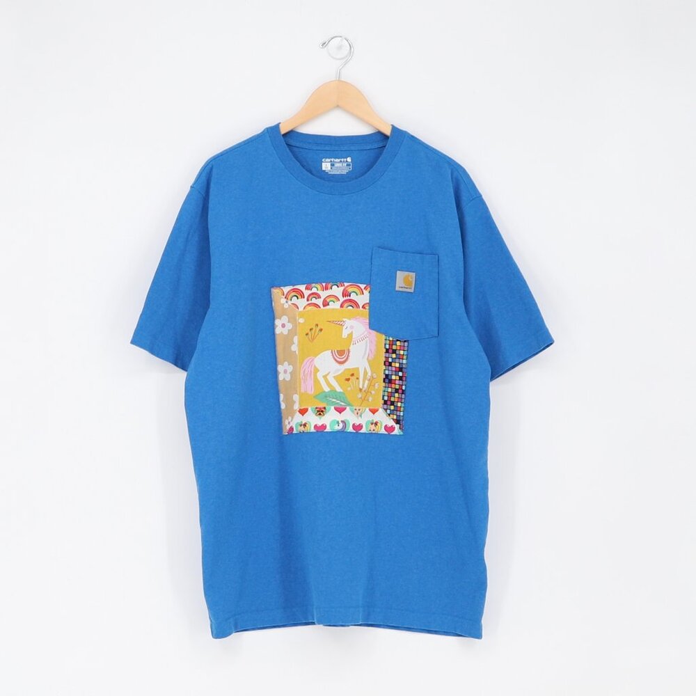 Upcycled Reworked Patchwork Unicorn Short Sleeve T-Shirt in Blue